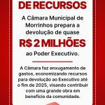 Câmara Municipal planeja devolução de recursos para o poder Executivo